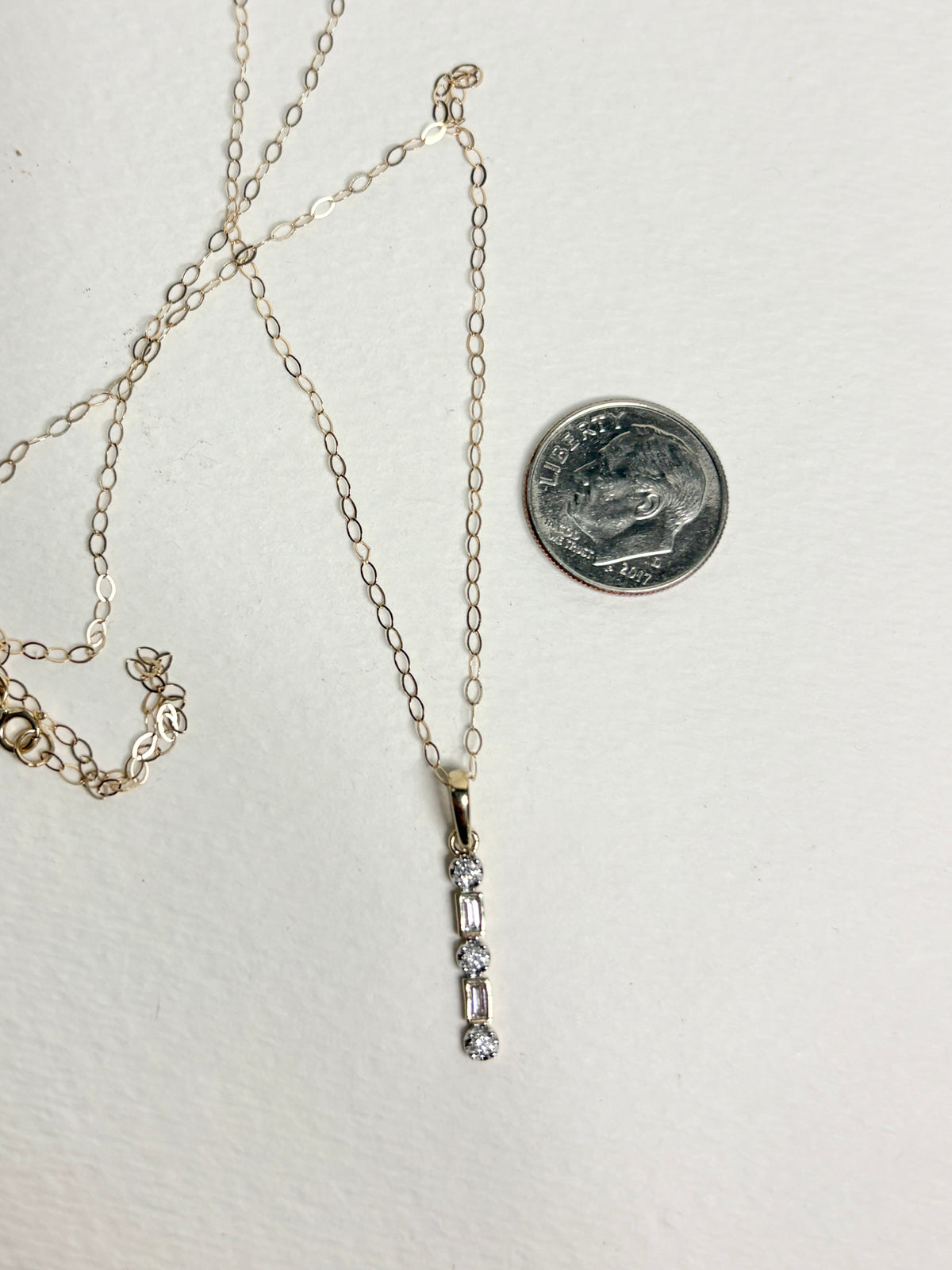 Small Natural Diamond Baguette and Round Bar Pendant Necklace 9k Gold 18"