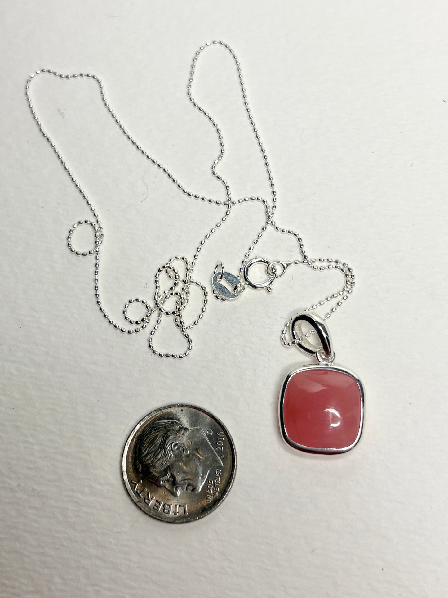 Natural Coral Chalcedony Bezel Pendant Necklace Sterling Silver 18"