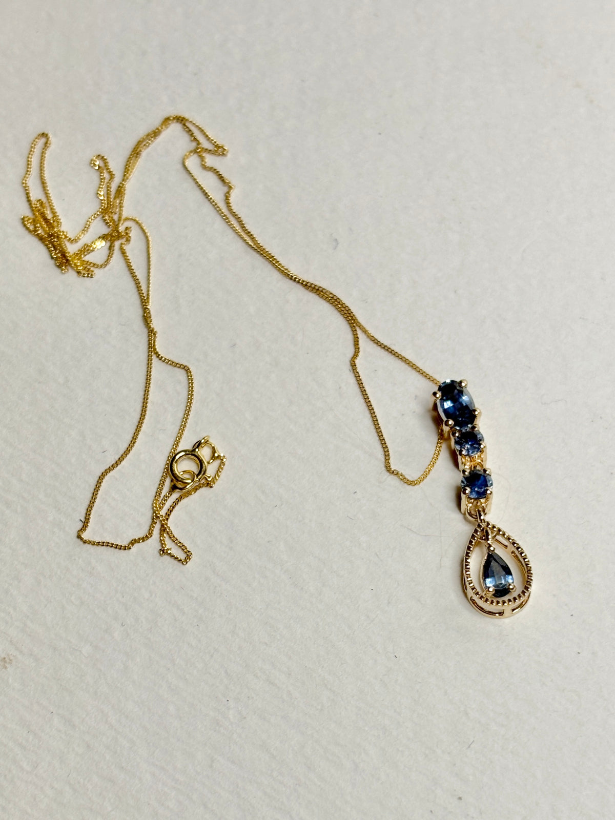 Montana Sapphire Drop Pendant Necklace 9k Gold 18"