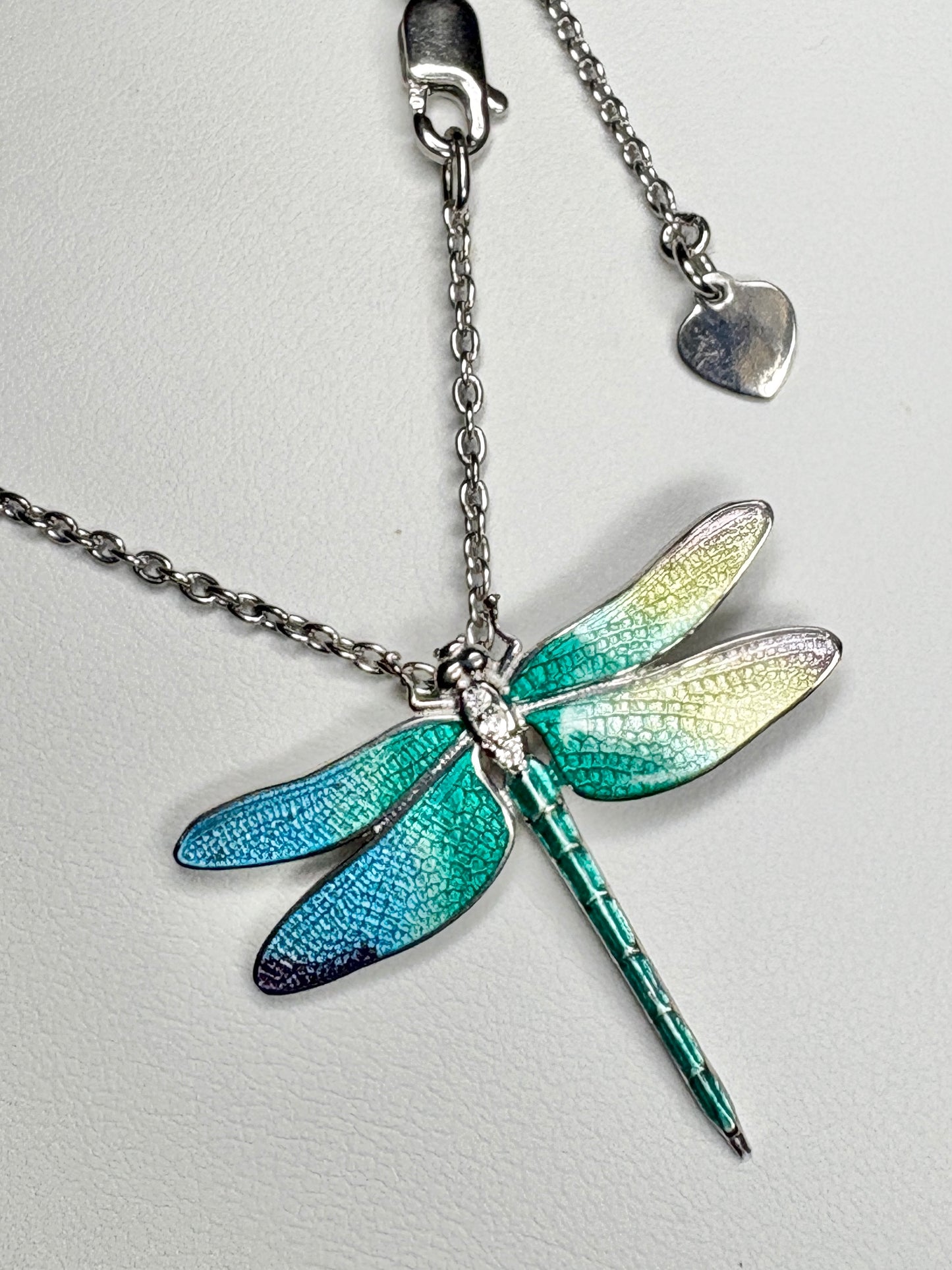 30mm Rainbow Dragonfly Necklace. Sterfling Silver-White Sapphires