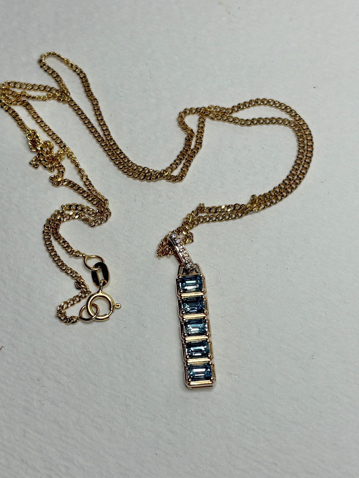 Untreated Montana Bar Sapphire and Diamond Pendant Necklace 9k with 14k Chain 18"