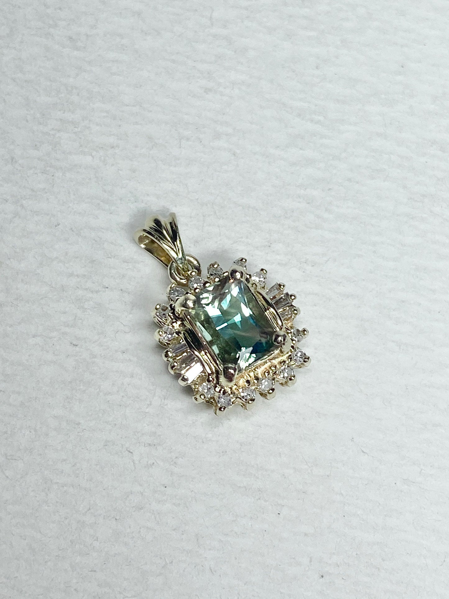 Teal Oregon Sunstone with a Baguette and Round Diamond Halo Pendant Solid 14k Gold - NewLifeJewelryVault