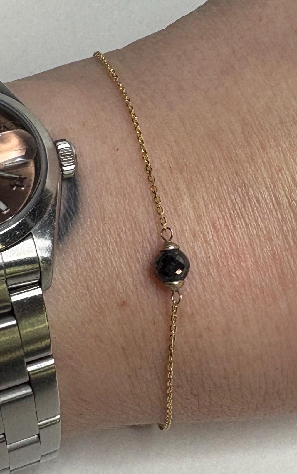 Black Diamond Solitaire Bead Bracelet Solid 14k Gold 5mm 7.25" - NewLifeJewelryVault