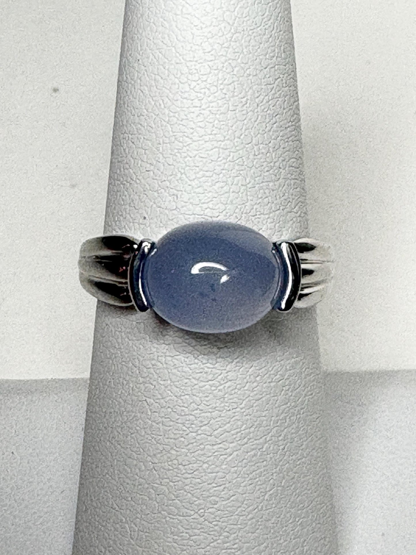 Natural Violet Blue Cabochon Chalcedony Band Ring Solid 14k White Gold size 6.5 - NewLifeJewelryVault