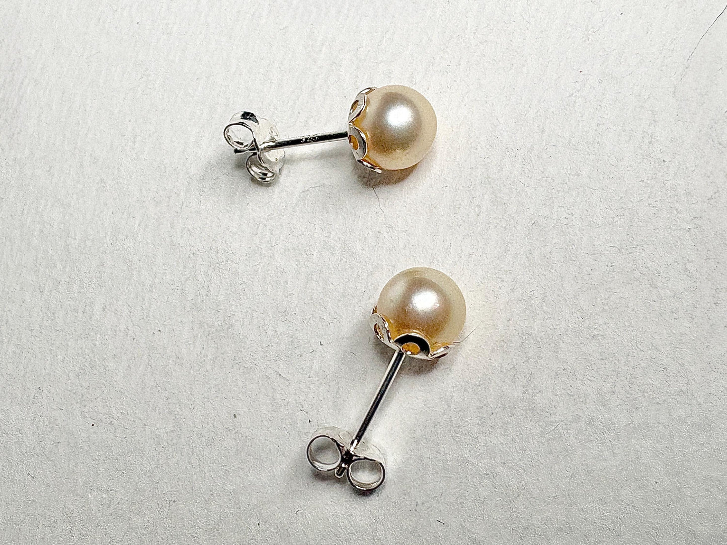 Cream Akoya Cultured Pearl 3/4 Stud Earrings in Sterling Silver 7mm - NewLifeJewelryVault