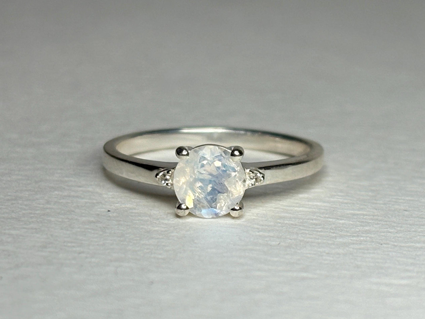 Rainbow Moonstone and Zircon Ring in Sterling Silver size 7 - NewLifeJewelryVault