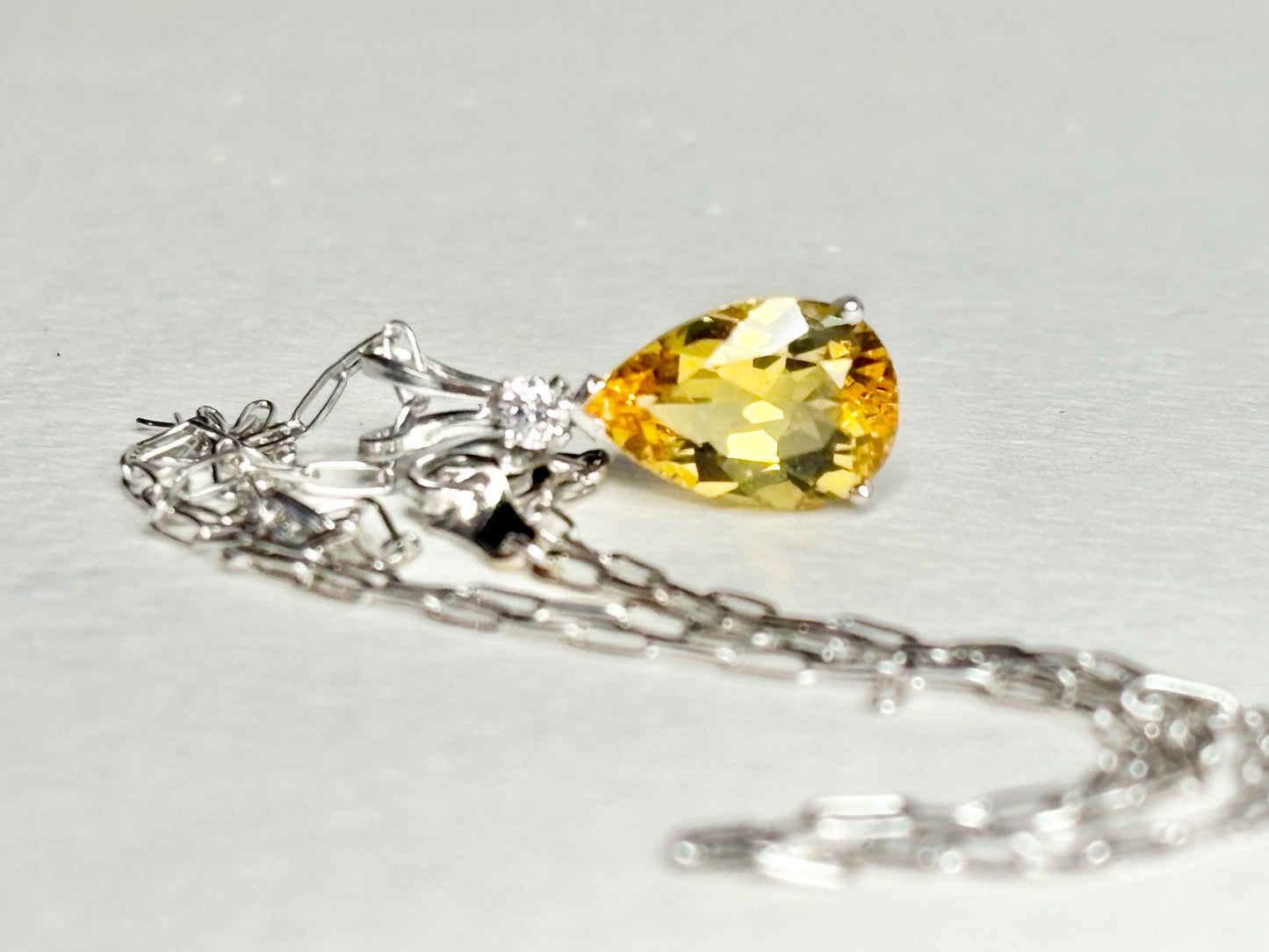 Heliodor Yellow Beryl and Diamond Pear shaped Pendant Necklace Solid 14k White Gold 16" - NewLifeJewelryVault