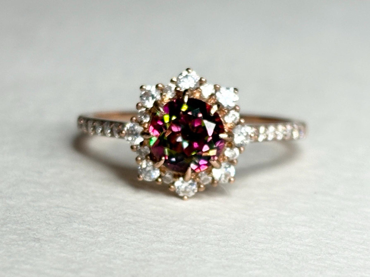 Lab Grown Russian Alexandrite Chrysoberyl and Crystal Ring Halo Solid 18k Rose Gold size 7 - NewLifeJewelryVault