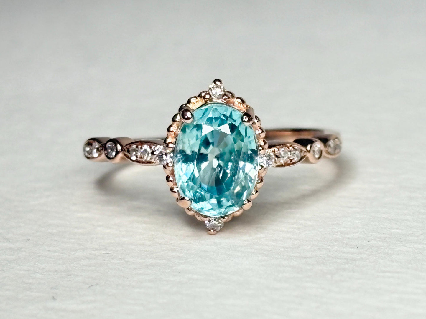 Blue Zircon and Diamond Halo Milgrain Ring in 14k Rose Gold size 6.75 - NewLifeJewelryVault