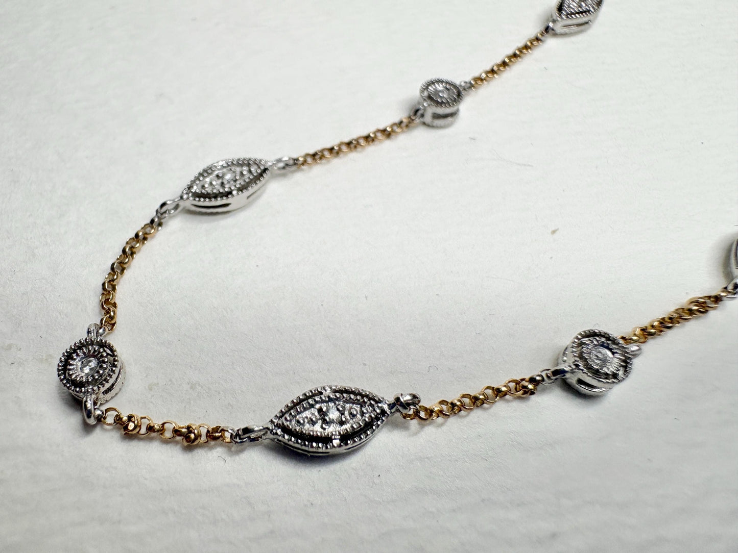 Vintage Two Toned Diamond Milgrain Station Necklace 14k Gold 5g Adjustable 16/17/18" - NewLifeJewelryVault