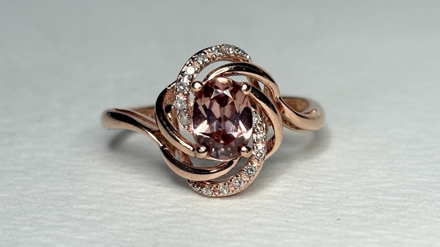 Natural Rose Pink Zircon and Diamond Swirl Ring Solid 10k Rose Gold size 6.75 - NewLifeJewelryVault