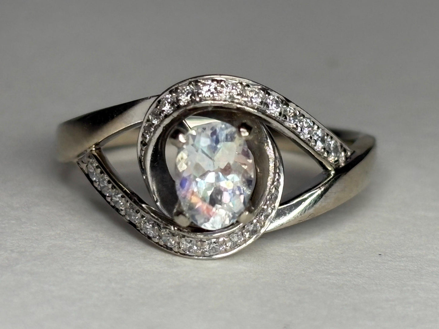 Madagascar Rainbow Moonstone Diamond Bypass Shane Co Ring Solid 14k White Gold size 8.25 - NewLifeJewelryVault