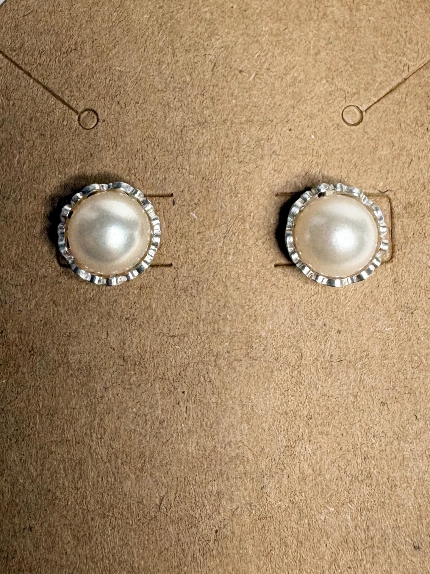 Cultured Akoya Pearl Stud Earrings in Lacy Sterling Silver 7.4mm - NewLifeJewelryVault