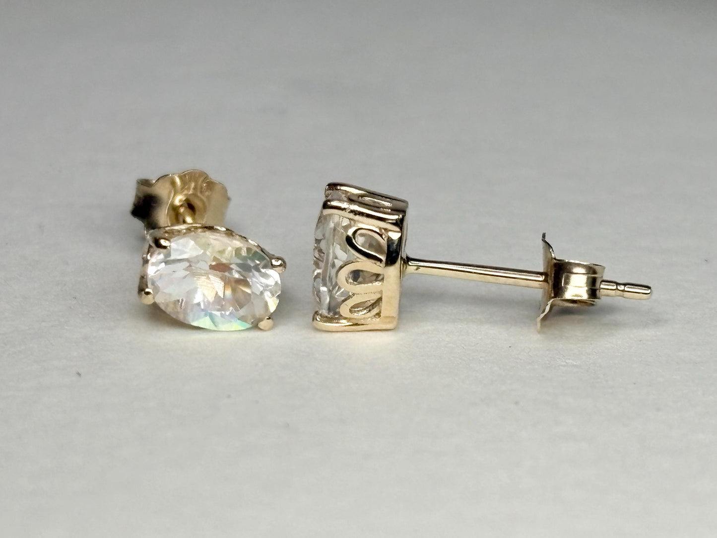 Madagascar Rainbow Moonstone Stud Earrings Fancy 9k Gold 6x4mm - NewLifeJewelryVault