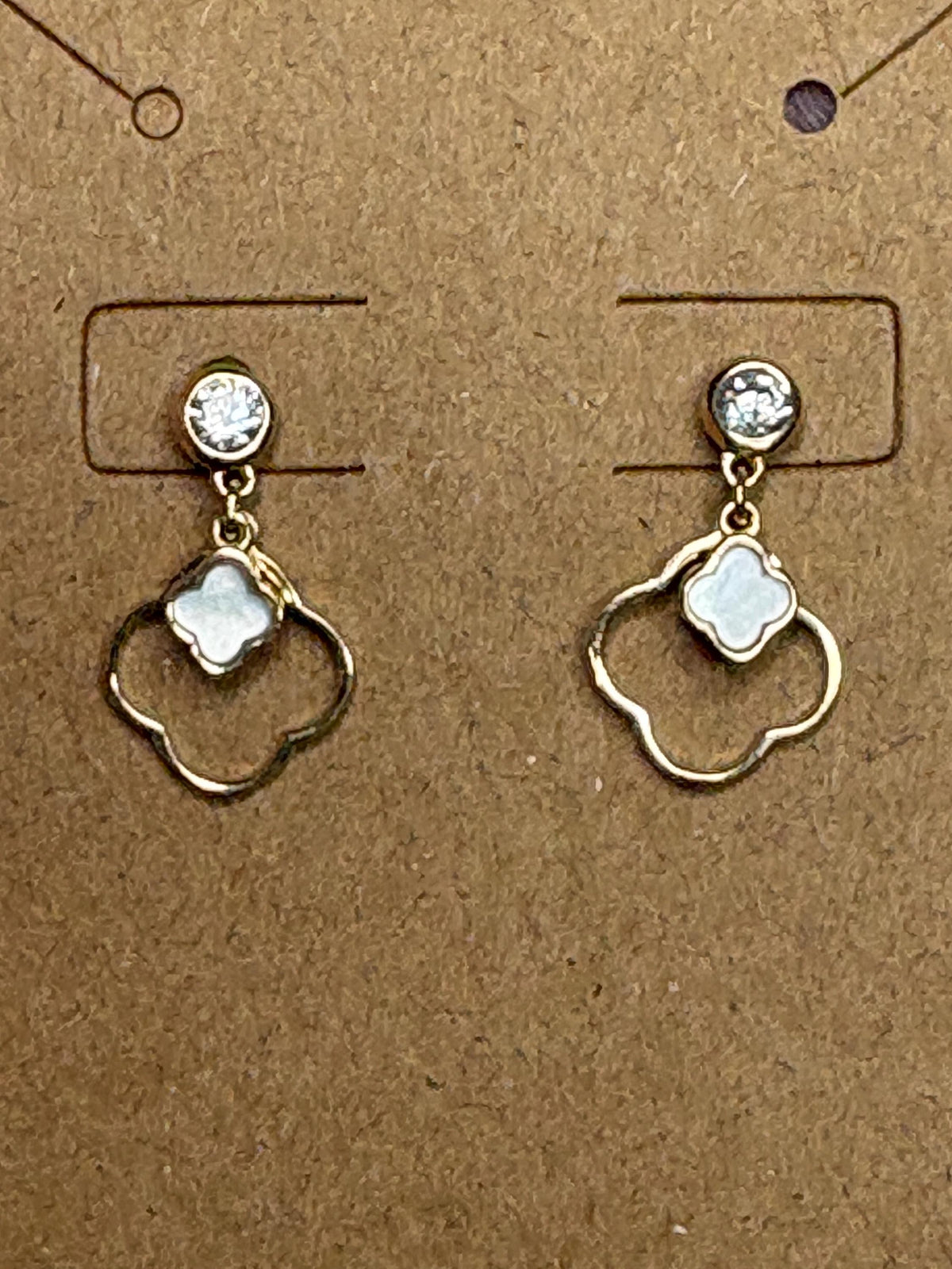 Quatrefoil Mother of Pearl and CZ Dangle Drop Earrings Solid 14k Gold - NewLifeJewelryVault