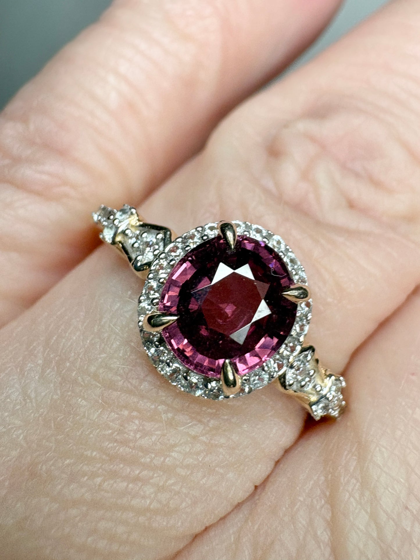 Malawi Rhodolite Garnet and Zircon Halo Ring 9k Gold size 8