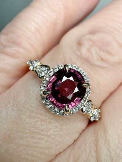 Malawi Rhodolite Garnet and Zircon Halo Ring 9k Gold size 8