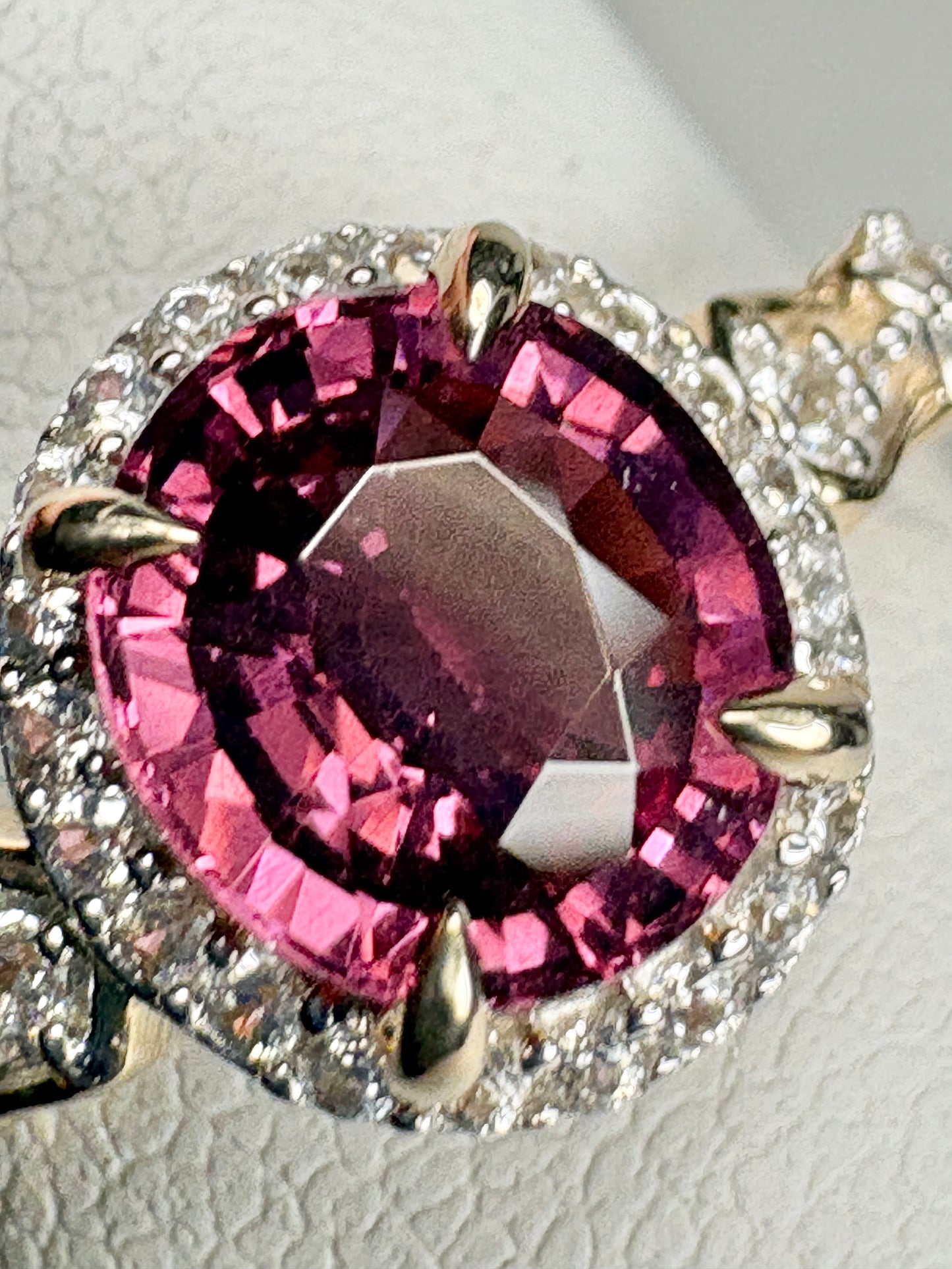 Malawi Rhodolite Garnet and Zircon Halo Ring 9k Gold size 8