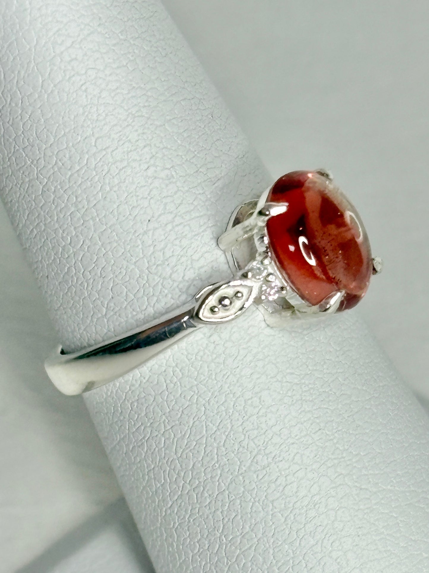 Red Oregon Sunstone Cabochon Ring with Natural Diamonds in Sterling Silver size 7