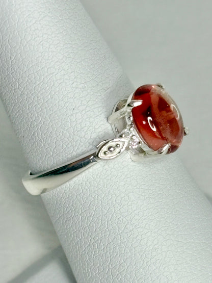 Red Oregon Sunstone Cabochon Ring with Natural Diamonds in Sterling Silver size 7