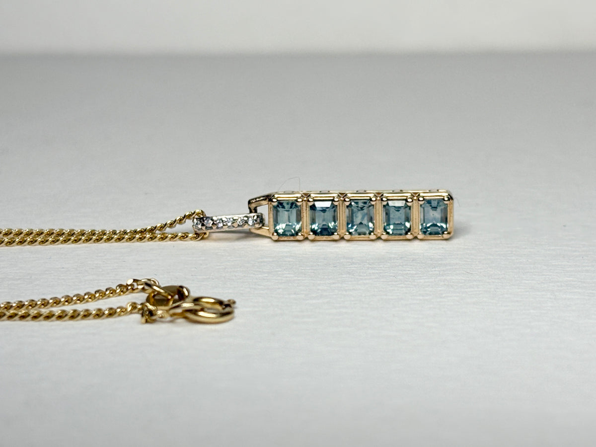 Untreated Montana Bar Sapphire and Diamond Pendant Necklace 9k with 14k Chain 18"