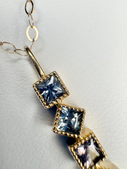 Natural Multi-Color Princess Cut Sapphire Bar Pendant Necklace in 9k Gold 18"