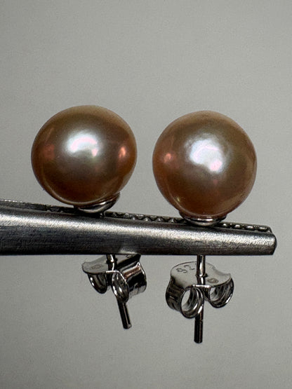Pink Peach Naturally Colored Cultured Freshwater Pearl Stud Earrings in Sterling Silver 8.5mm