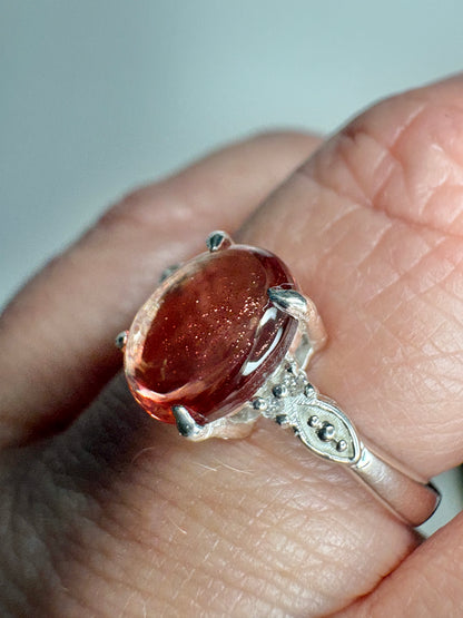 Red Oregon Sunstone Cabochon Ring with Natural Diamonds in Sterling Silver size 7