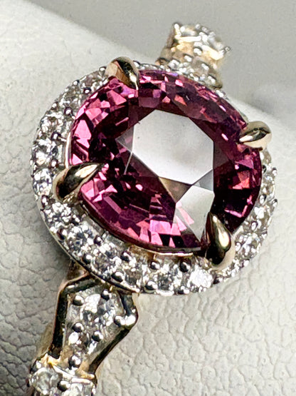 Malawi Rhodolite Garnet and Zircon Halo Ring 9k Gold size 8