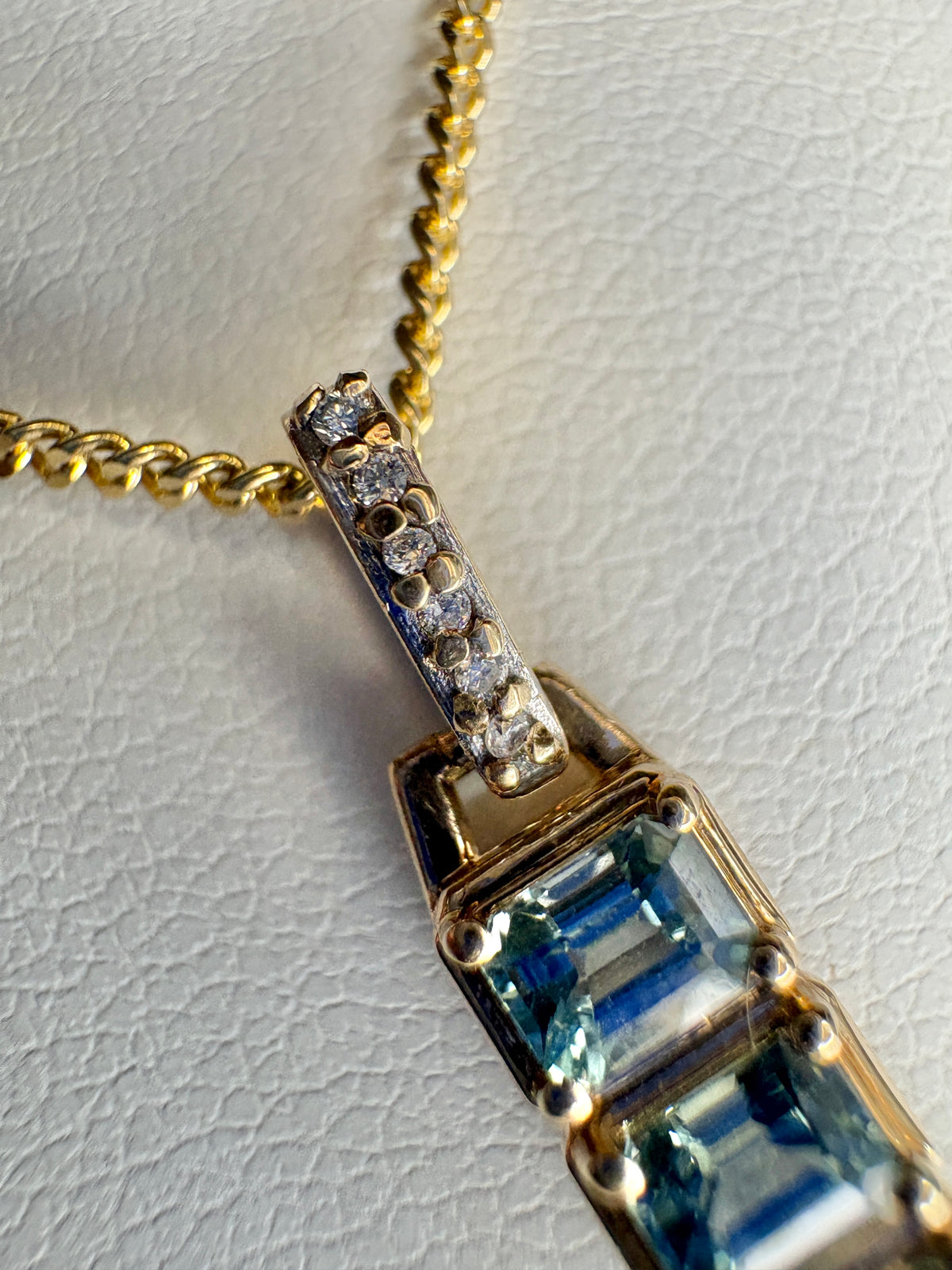 Untreated Montana Bar Sapphire and Diamond Pendant Necklace 9k with 14k Chain 18"