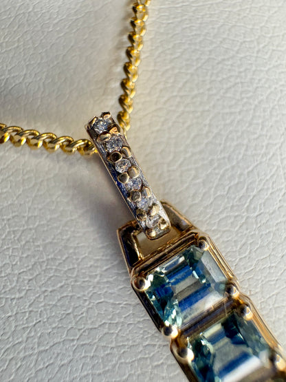 Untreated Montana Bar Sapphire and Diamond Pendant Necklace 9k with 14k Chain 18"