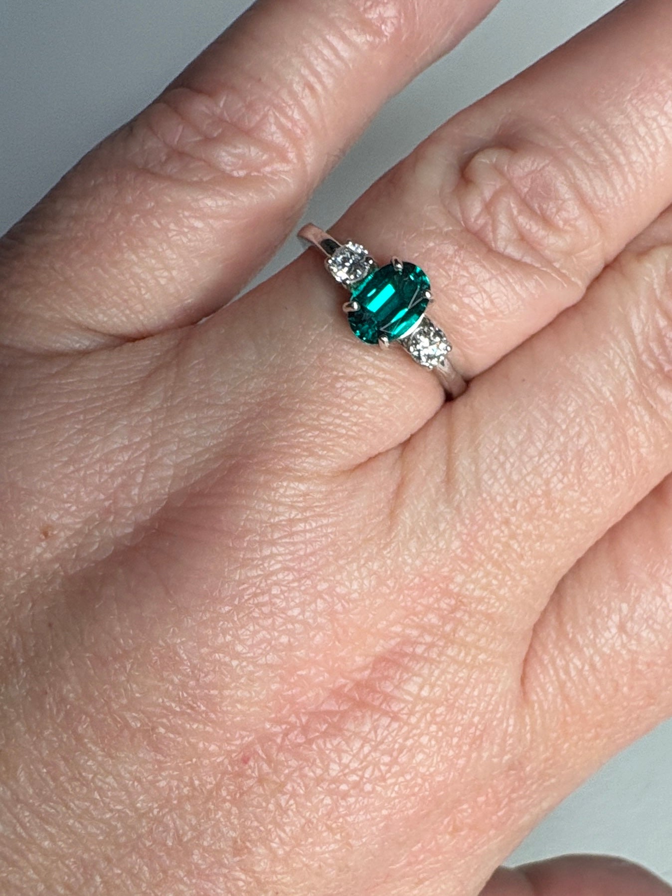 Lab-Grown Emerald and Diamond Ring Sterling Silver size 7