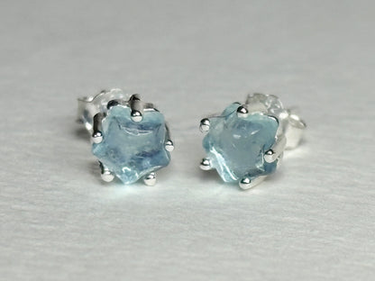 Aquamarine Cabochon Star Stud Earrings Sterling Silver 5mm