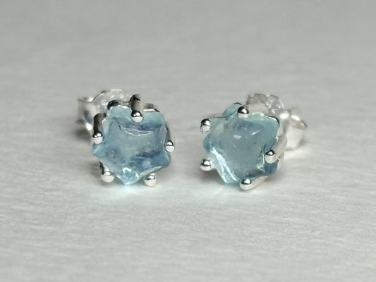 Aquamarine Cabochon Star Stud Earrings Sterling Silver 5mm