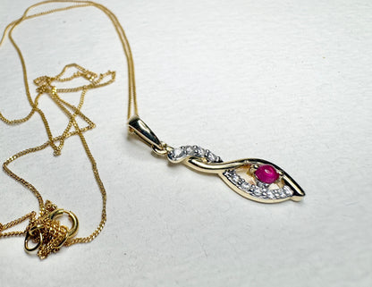 Greenland Ruby and Canadian Diavik Diamond Pendant Necklace Solid 9k Gold 18"