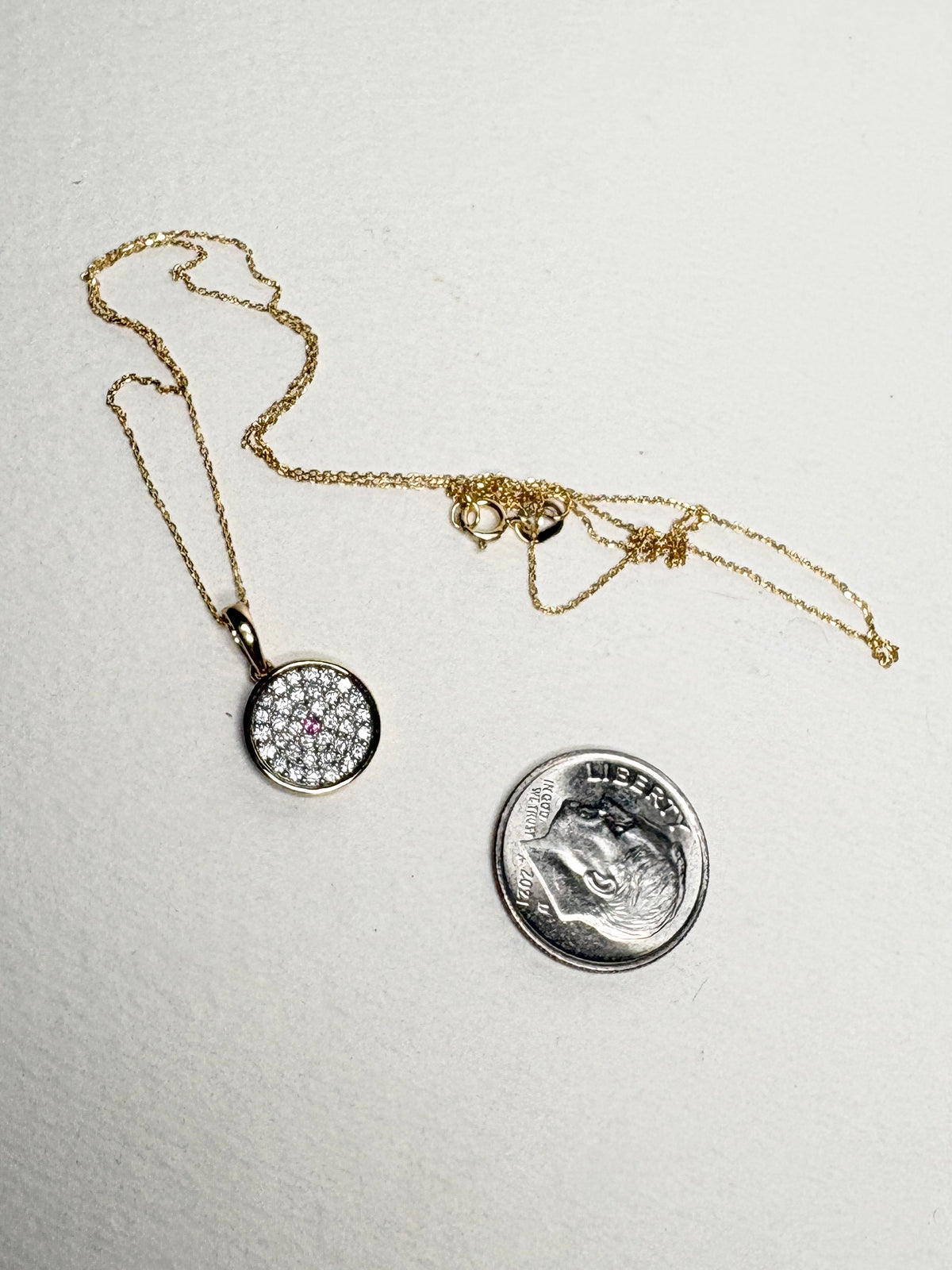 Diamond and Pink Sapphire DIsc Pendant Necklace 9k Gold with 10k Gold Chain 18" .37ctw