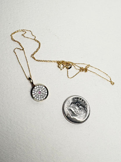Diamond and Pink Sapphire DIsc Pendant Necklace 9k Gold with 10k Gold Chain 18" .37ctw