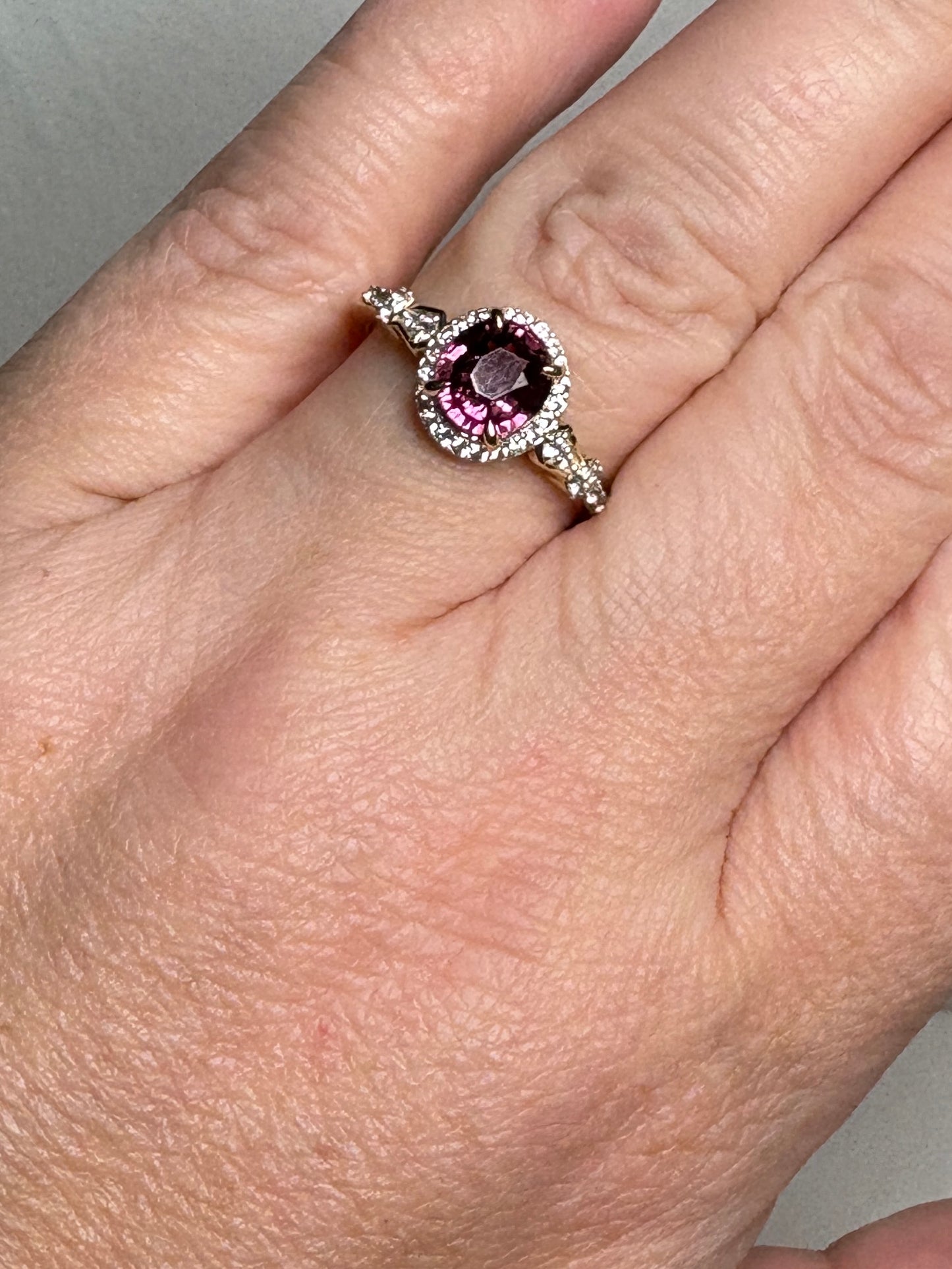 Malawi Rhodolite Garnet and Zircon Halo Ring 9k Gold size 8