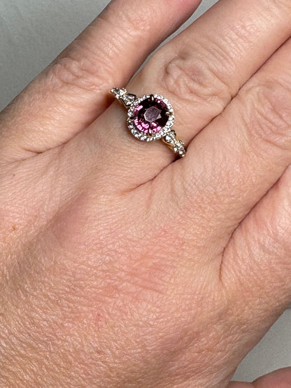 Malawi Rhodolite Garnet and Zircon Halo Ring 9k Gold size 8