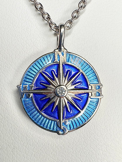 Blue Compass Rose Necklace. Sterling Silver-White Sapphires