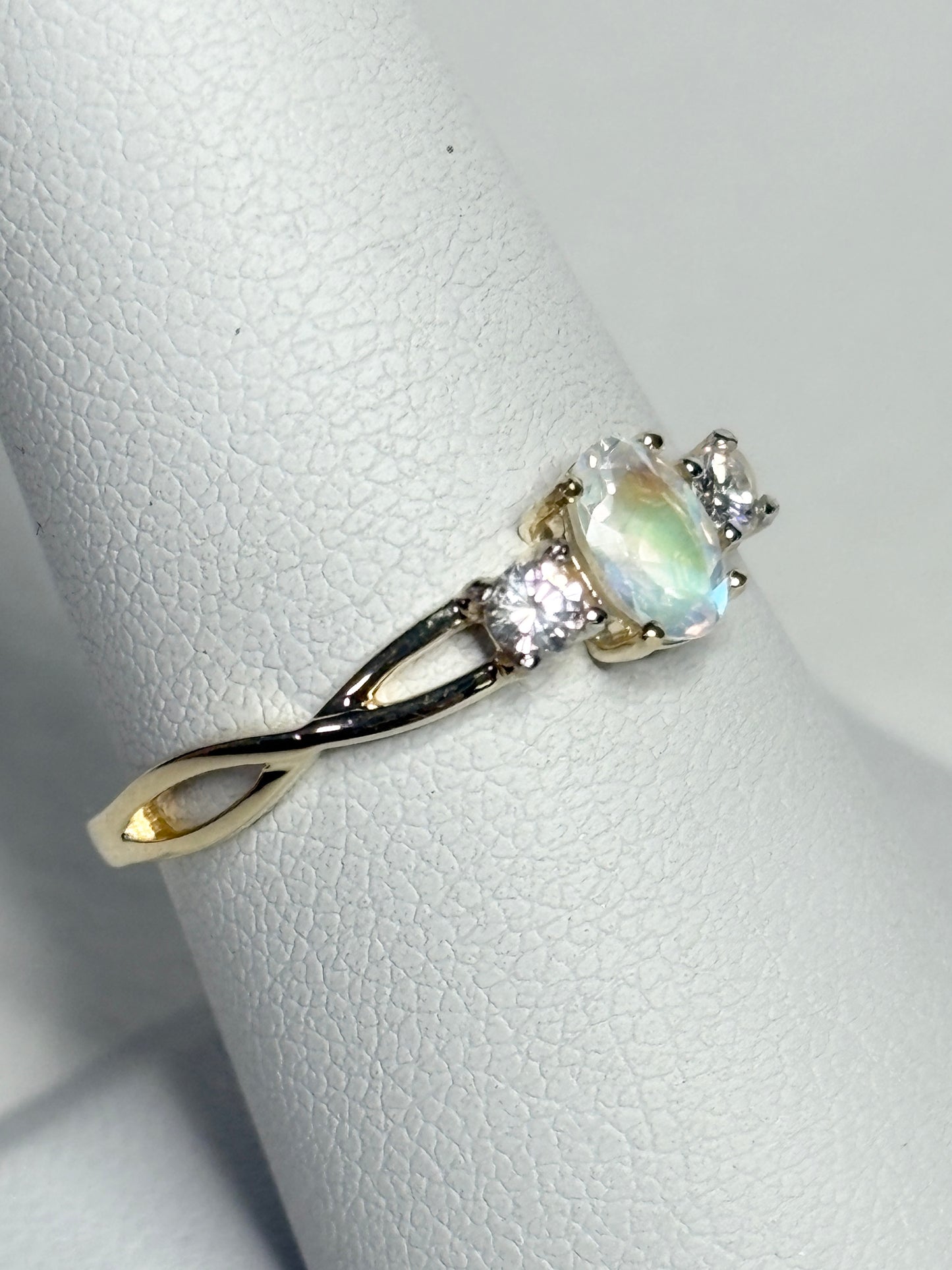 Fine Rainbow Moonstone and Diamond Ring 9k Gold size 8