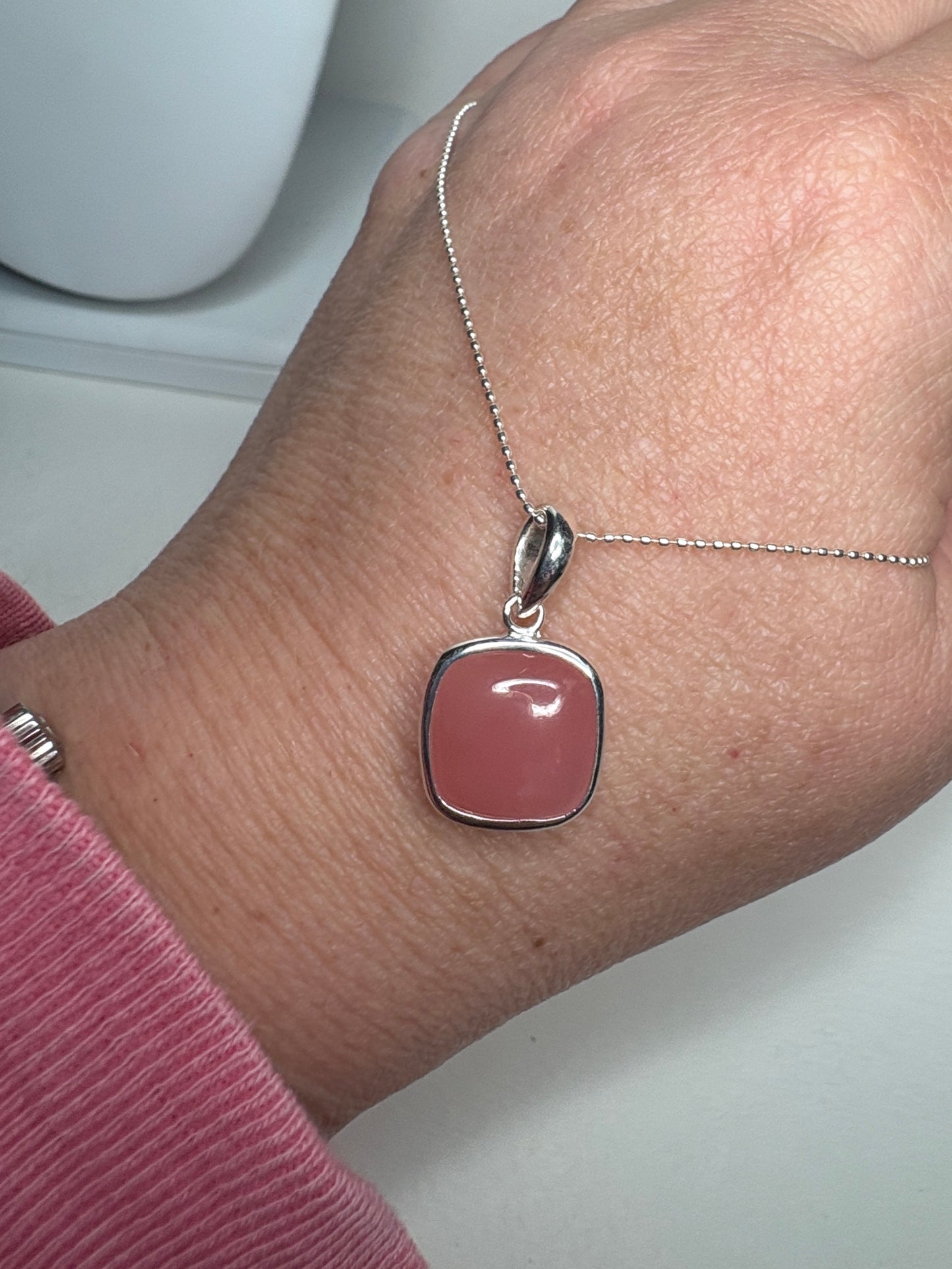 Natural Coral Chalcedony Bezel Pendant Necklace Sterling Silver 18"