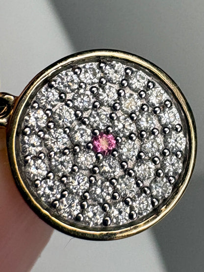 Diamond and Pink Sapphire DIsc Pendant Necklace 9k Gold with 10k Gold Chain 18" .37ctw
