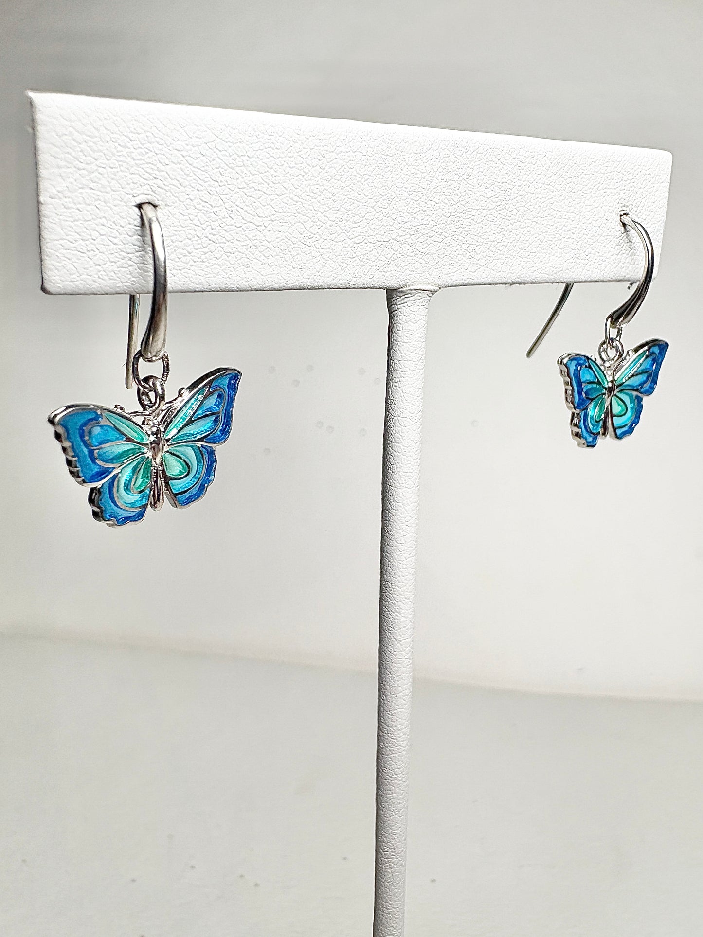 Blue Plique-a-Jour Butterfly Wire Earrings. Sterling Silver