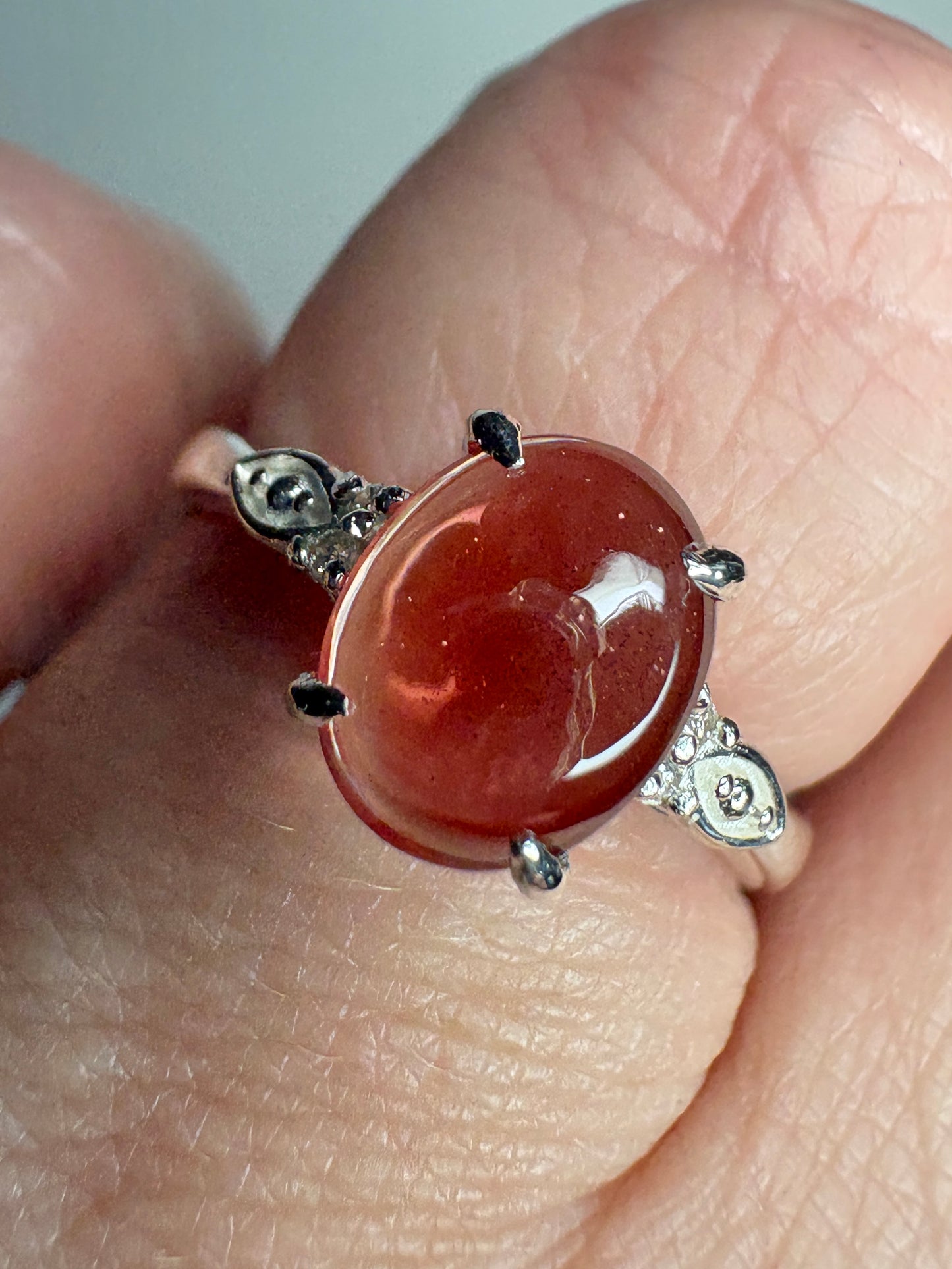 Red Oregon Sunstone Cabochon Ring with Natural Diamonds in Sterling Silver size 7