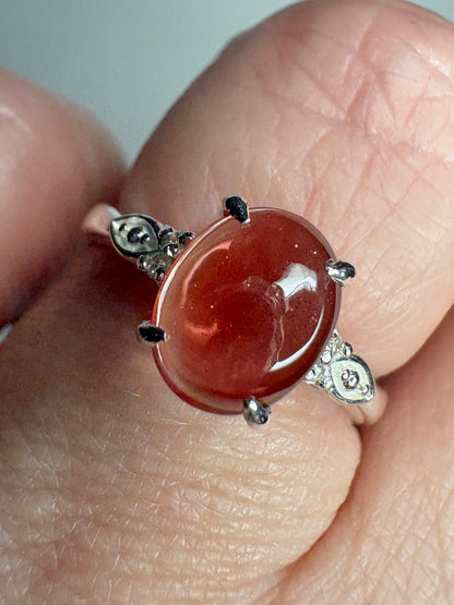 Red Oregon Sunstone Cabochon Ring with Natural Diamonds in Sterling Silver size 7