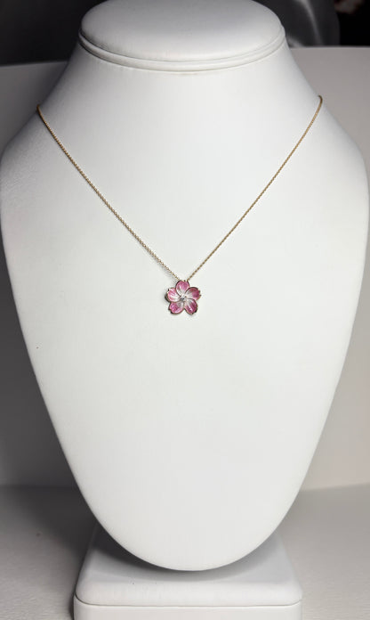 Silver.Gold Plated Pink Cherry Blossom Pendant. Gold-Diamond