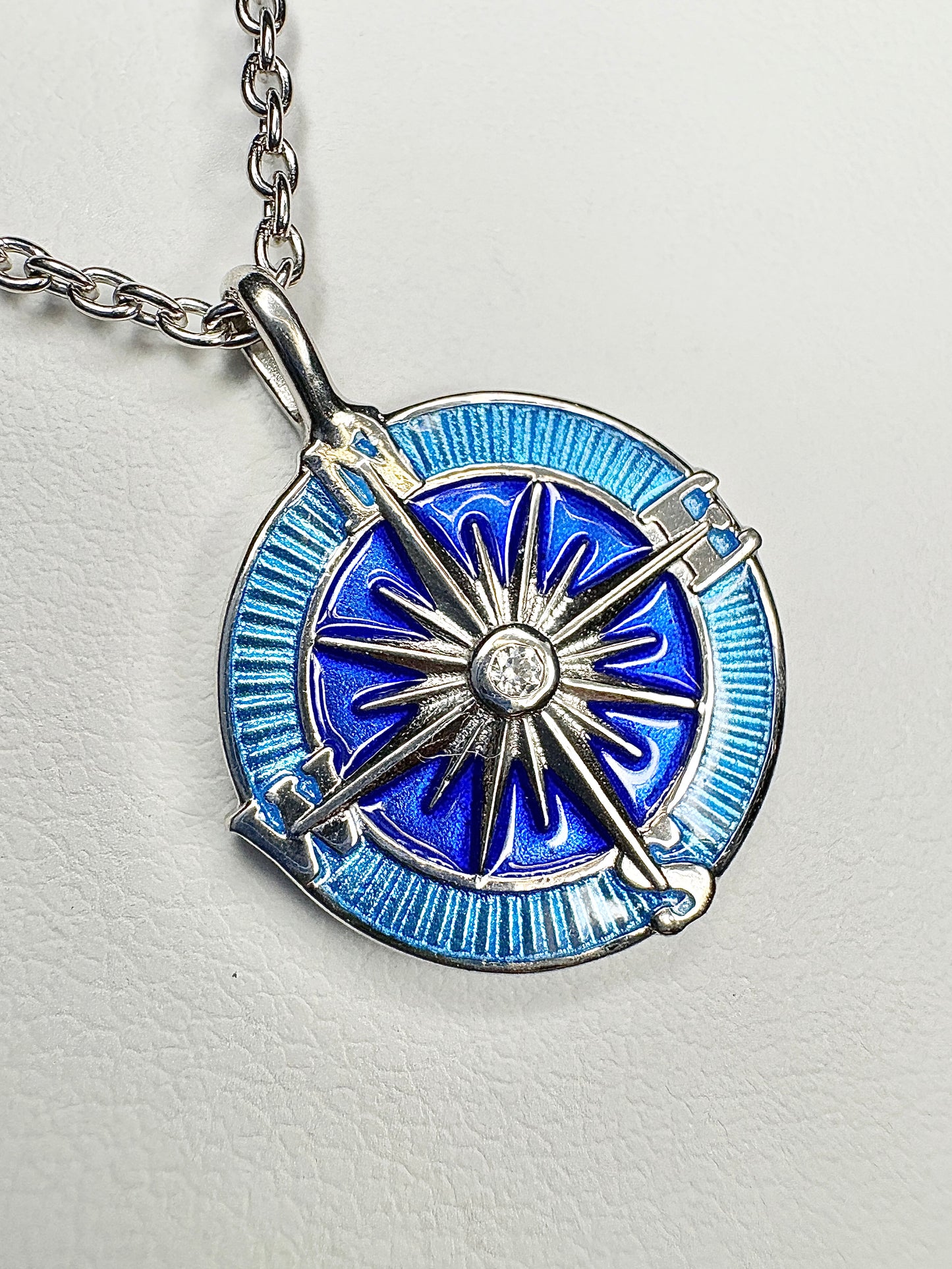 Blue Compass Rose Necklace. Sterling Silver-White Sapphires