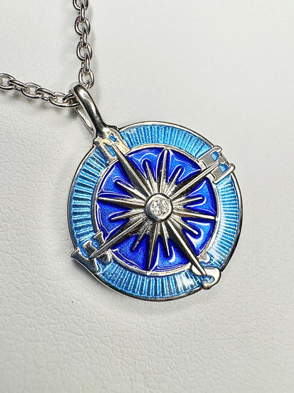 Blue Compass Rose Necklace. Sterling Silver-White Sapphires