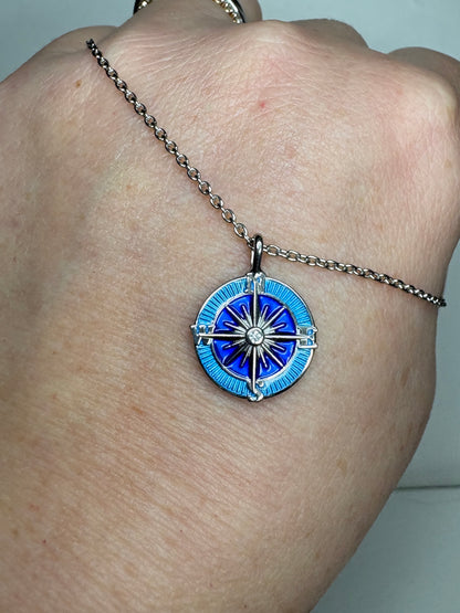 Blue Compass Rose Necklace. Sterling Silver-White Sapphires